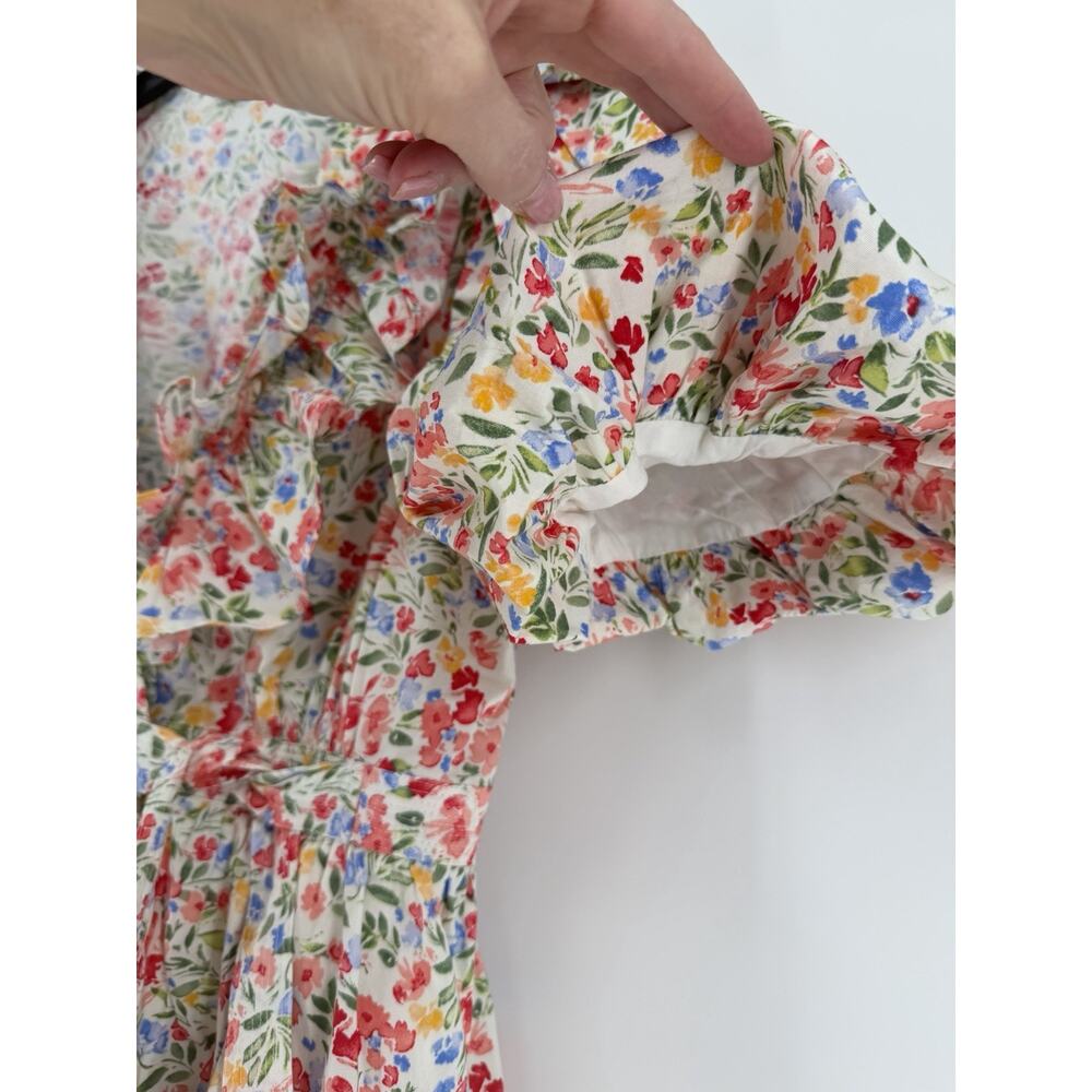 RESET Floral Print Mini Wrap Dress Womens Large White Puff Sleeve Lined - Picture 6 of 13